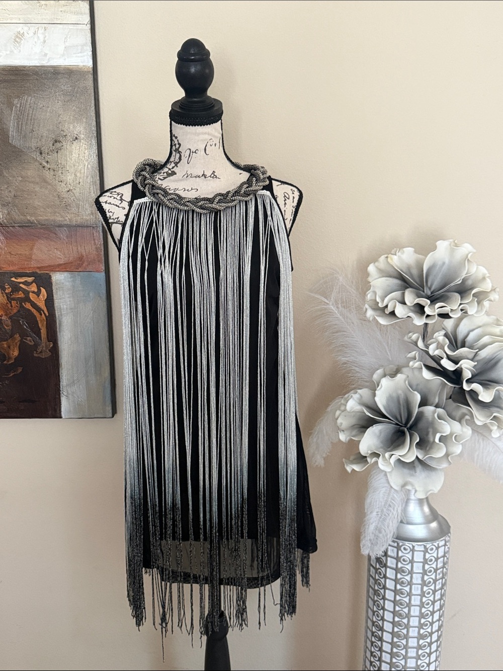 Source Unknown Black Mini Dress with Silver Fringe